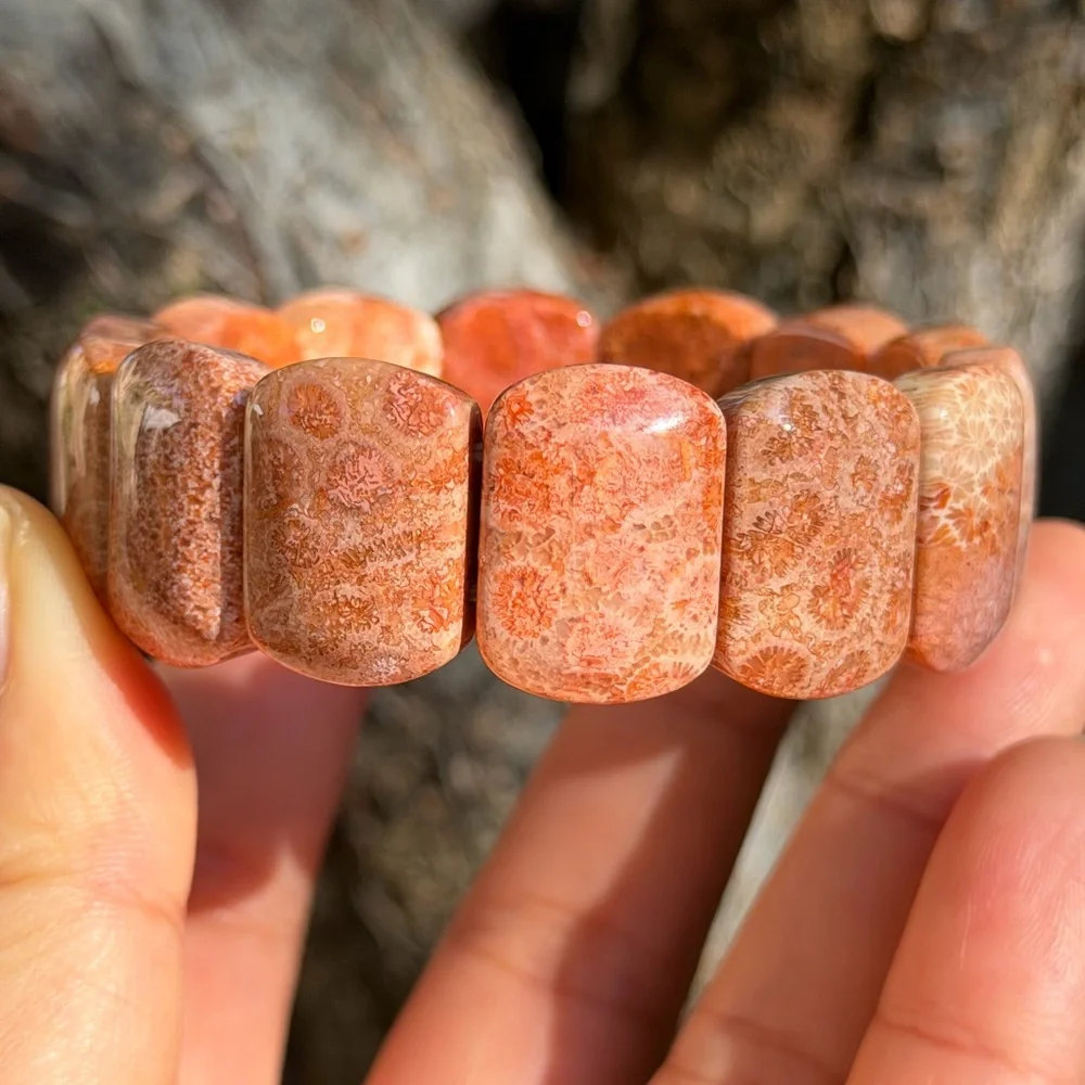 Stretchable red fossilized coral‎ soft bangle 0699